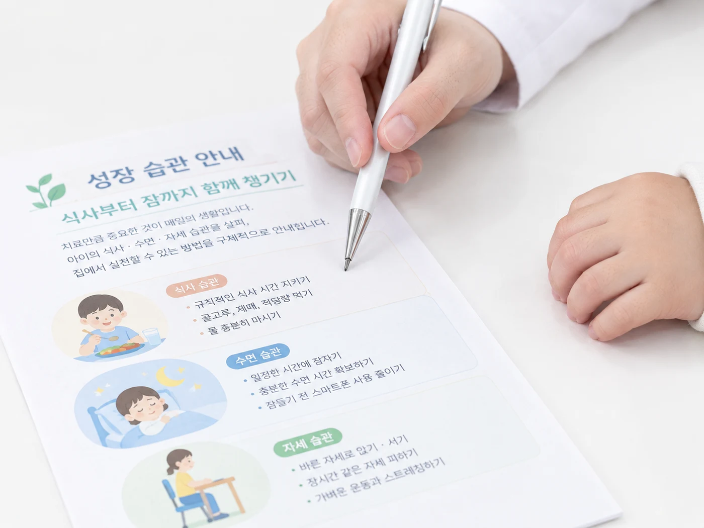 원장이 보호자와 아이에게 식사 · 수면 · 잔병치레를 묻고 기록하는 장면