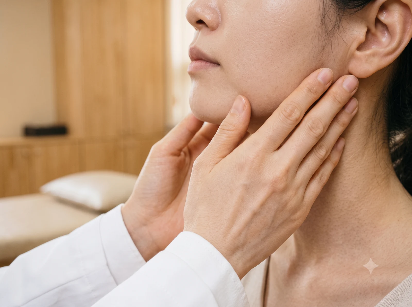 한의사가 손으로 환자의 귀 앞 턱관절 부위를 짚어 확인하는 진료 장면