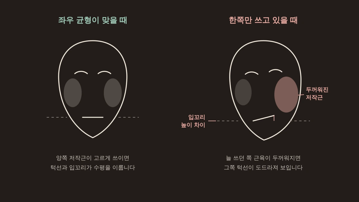 좌우 저작근이 균형을 이룬 얼굴과 한쪽만 두꺼워져 턱선·입꼬리가 기울어진 얼굴 비교 그림